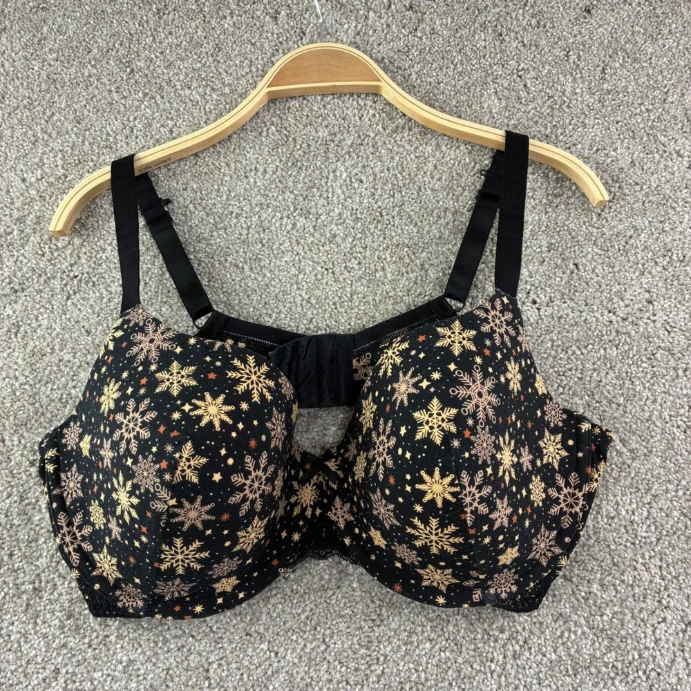 Ambrielle‎ Organic Cotton Demi Bra 40DD Black Gold Snowflake Holiday Racerback